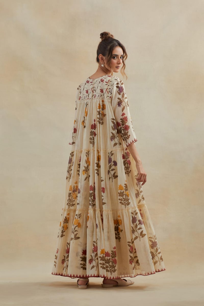 Beige Cotton Chanderi Three-Tiered Kurta Set