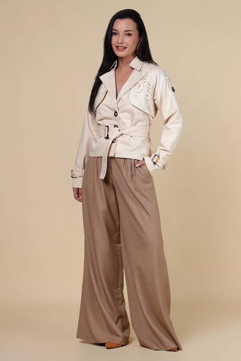 Beige Tailored Belted Jacket with Crochet Shoulder Panels