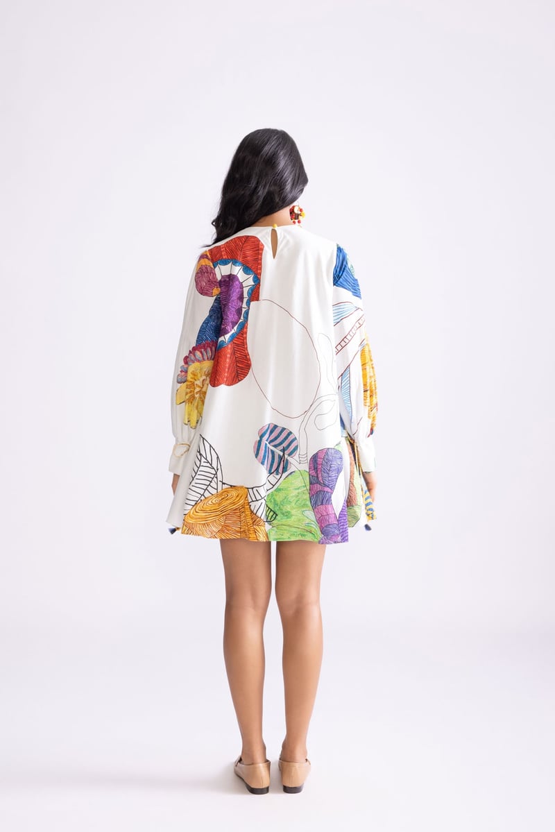 Ivory/Multi Tribal Print Shift Mini Dress with Bell Sleeves