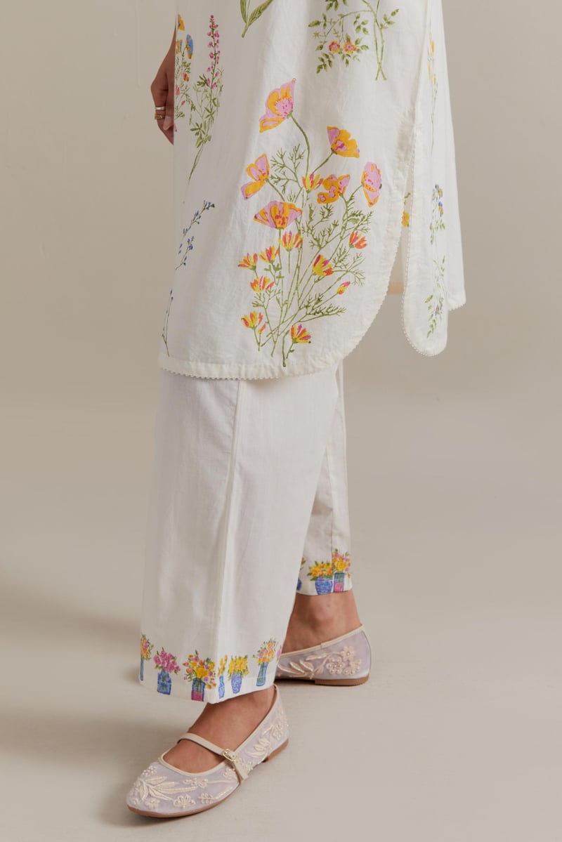 Off-White Floral Block Print Straight Kurta Set
