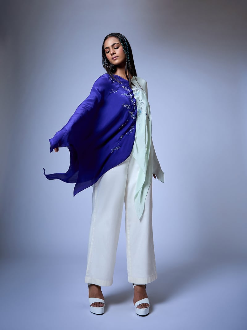Blue Colorblock Draped Cape Top with Sequin Embroidery