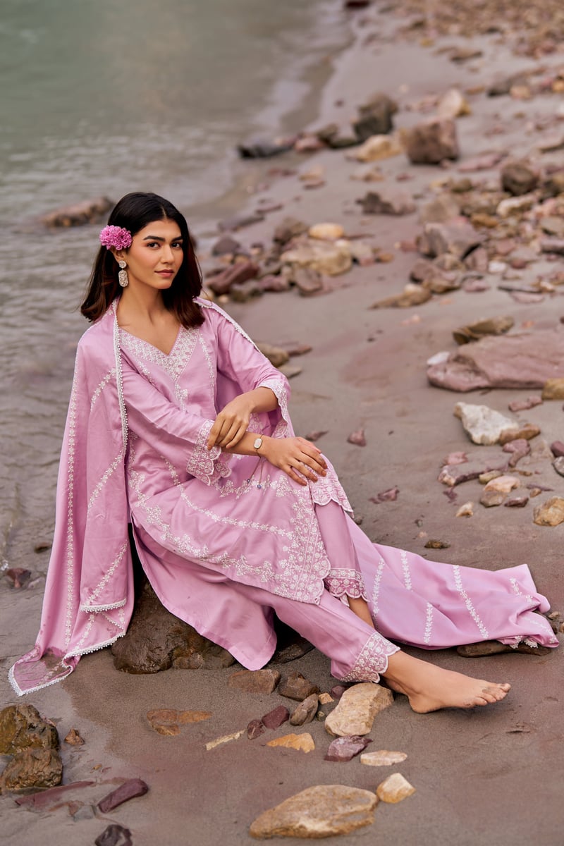 Lavender Cotton Embroidered Straight Kurta Set with Dupatta