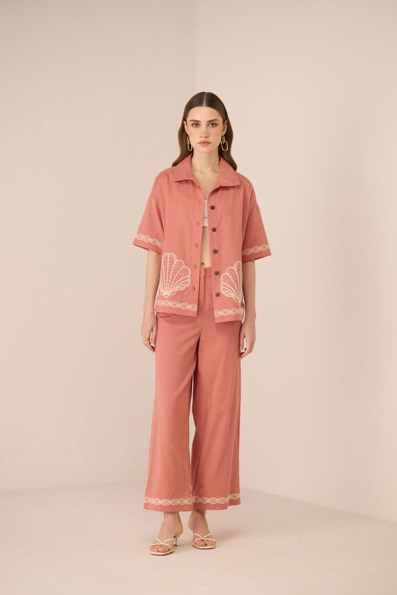 Coral Pink Cotton Linen Oversized Embroidered Shirt