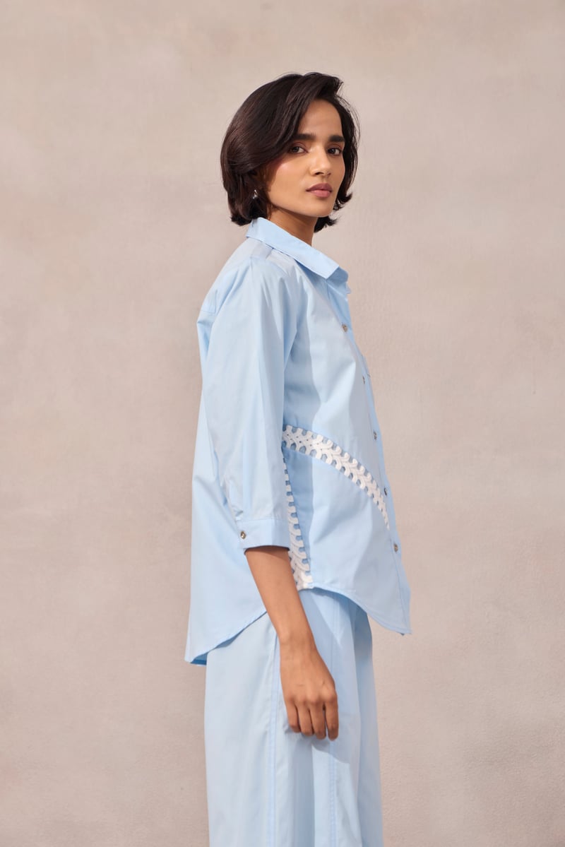 Frost Blue Cotton Poplin Shirt with Contrast Lace Inlay
