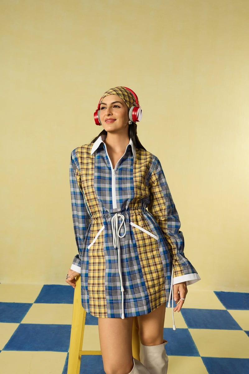Yellow and Blue Checked Mini Shirt Dress with Half Zip