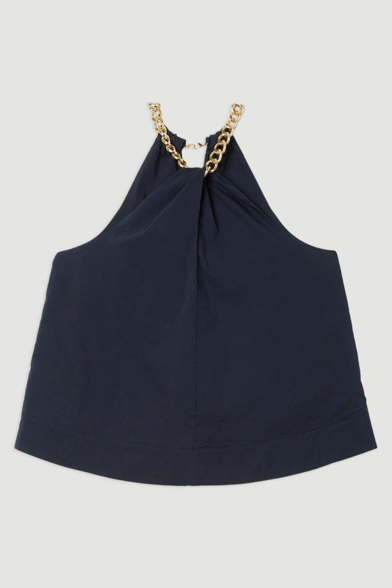 Navy Cotton Poplin Chain Halter Neck Top