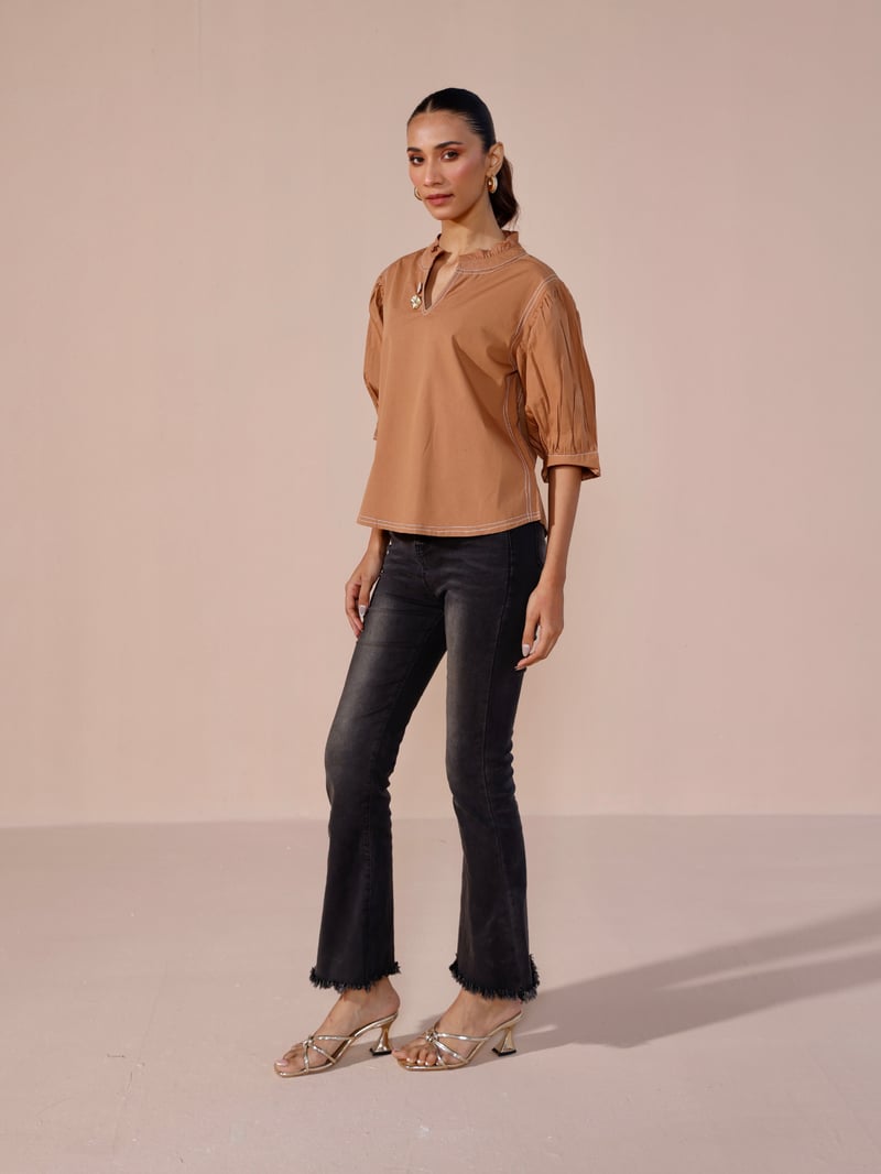 Mocha Cotton Poplin Puff Sleeve Top with Statement Buttons