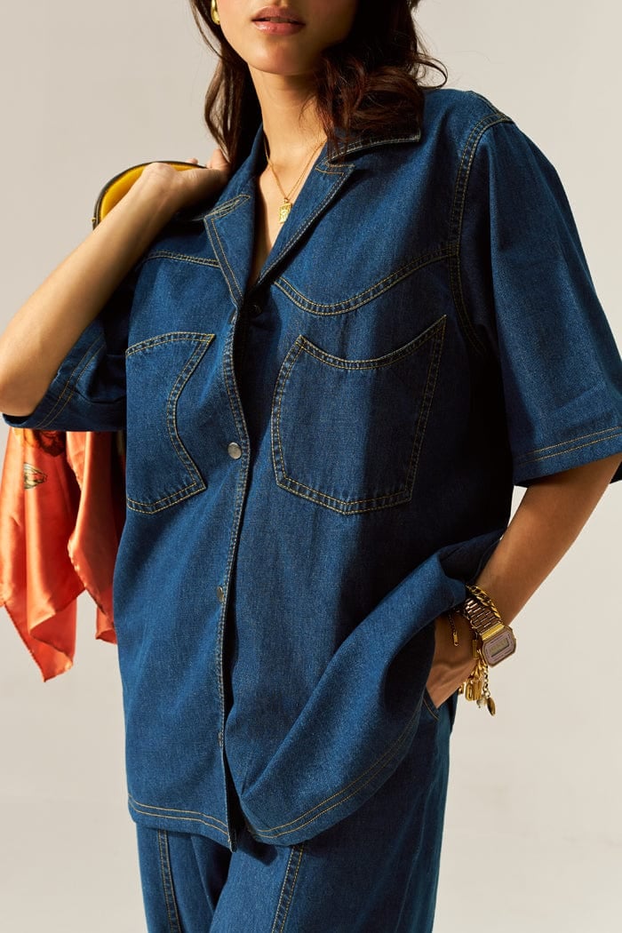 Dark Blue Denim Oversized Shirt and Pants Co-ord Set
