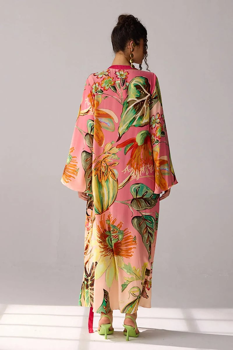 Pink Ombre Printed Maxi Dress with Flare Sleeves