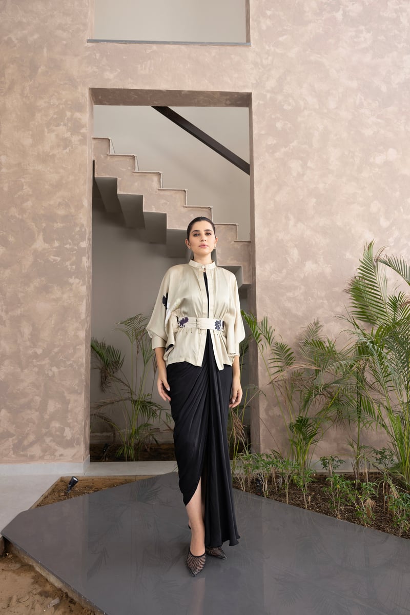 Ivory and Black Draped Maxi Gown Co-ord Set with Kimono Shirt