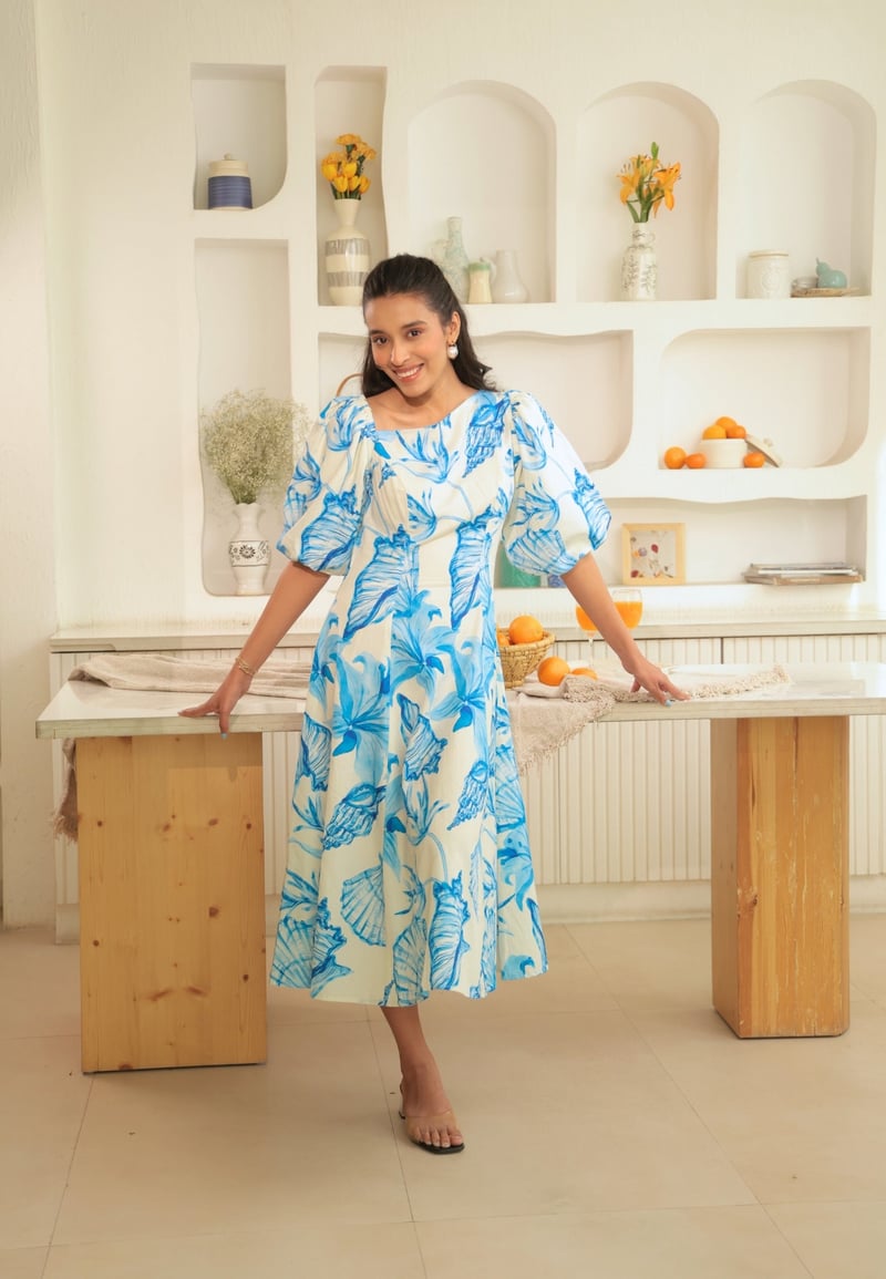Off-White Blue Floral One-Shoulder Puff Sleeve Midi Dress