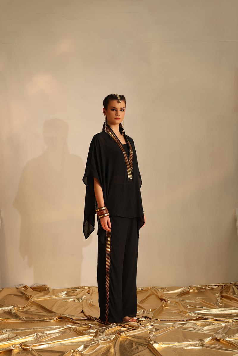 Black Poncho and Palazzo Co-ord Set with Foil Lace Trim