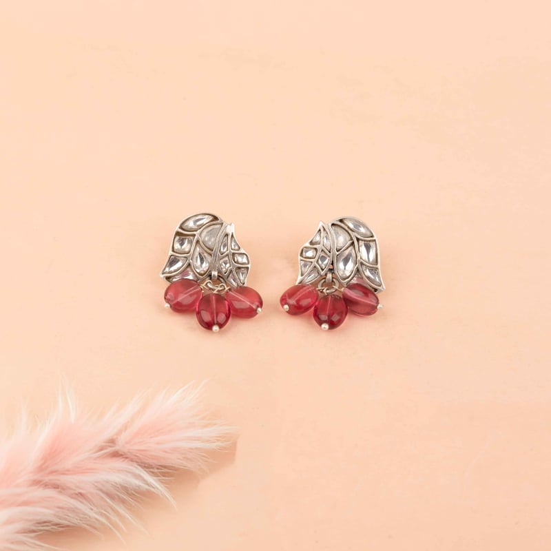 Essence Dual Leaf Kundan Pink Drop Earring