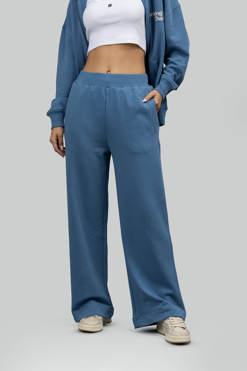 Cloudy Blue Cotton Terry Wide-Leg Trackpants