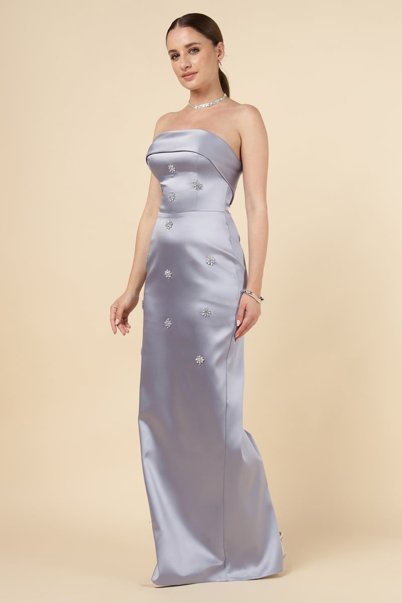 Silver/Purple Strapless Embellished Maxi Gown