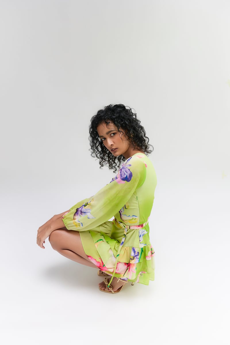 Lime Green Flowy Georgette Ruffled Mini Dress