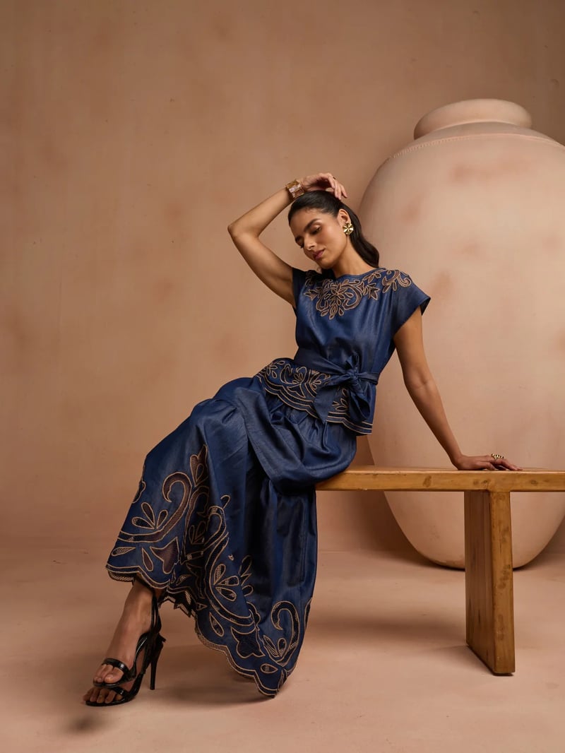 Blue Cotton Denim Cutwork Embroidered Belted Top