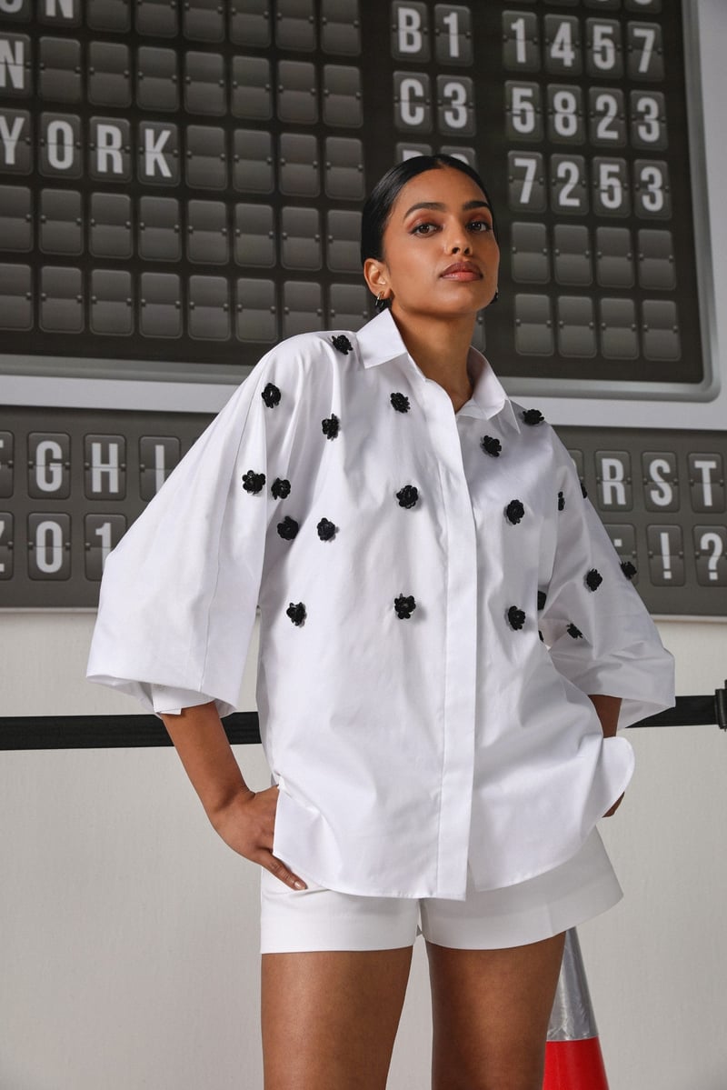 White Tencel Cotton Shirt with Black Floral Beadwork