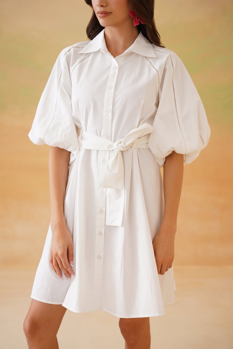White Belted Shirt Dress with Balloon Sleeves