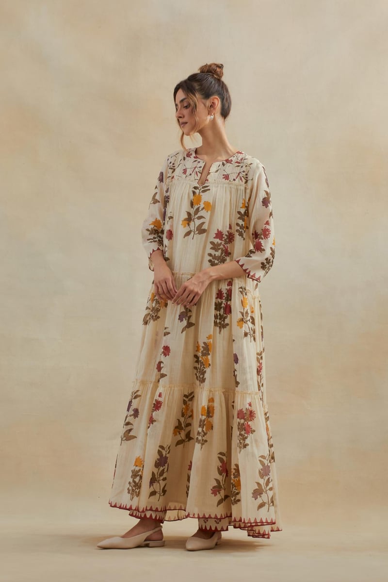 Beige Cotton Chanderi Three-Tiered Kurta Set