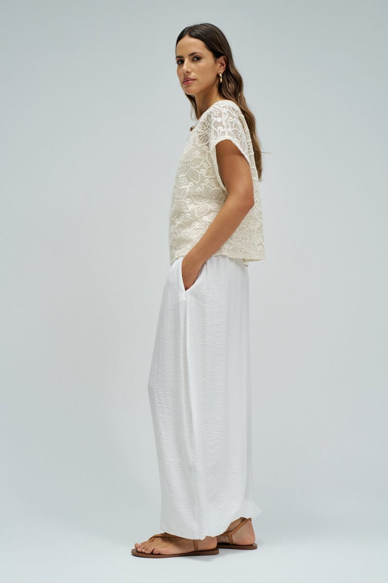 Light Beige Crochet T-Shirt with Keyhole Neck Detail