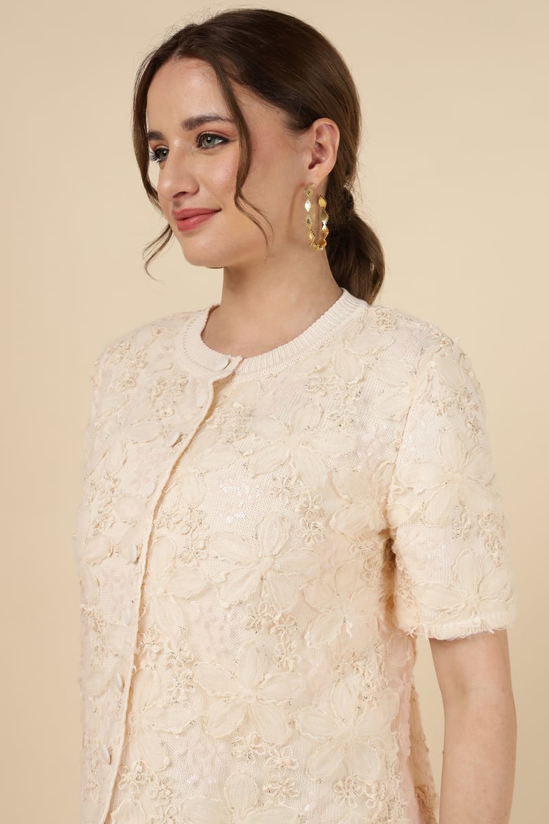 Beige Floral Textured Button-Front Cardigan