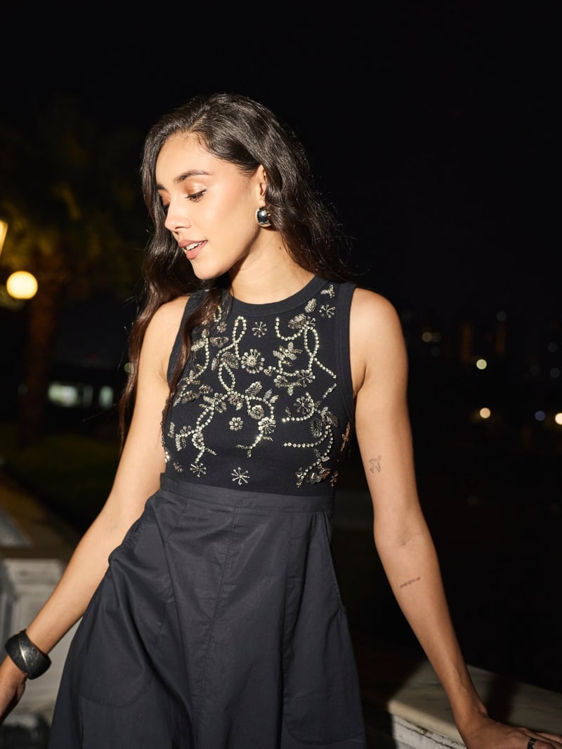 Black Embellished Ribbed Bodice Fit and Flare Midi Dress