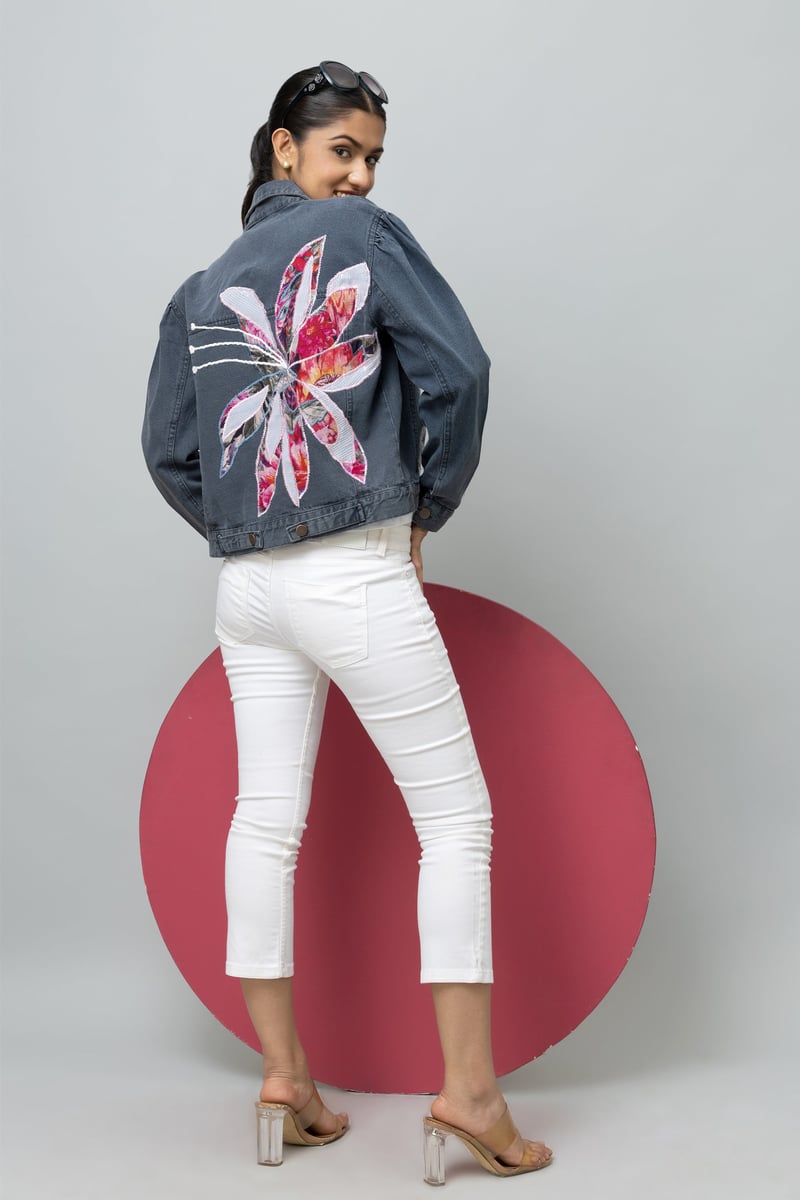 Smoke Grey Denim Jacket with Oversized Floral Applique