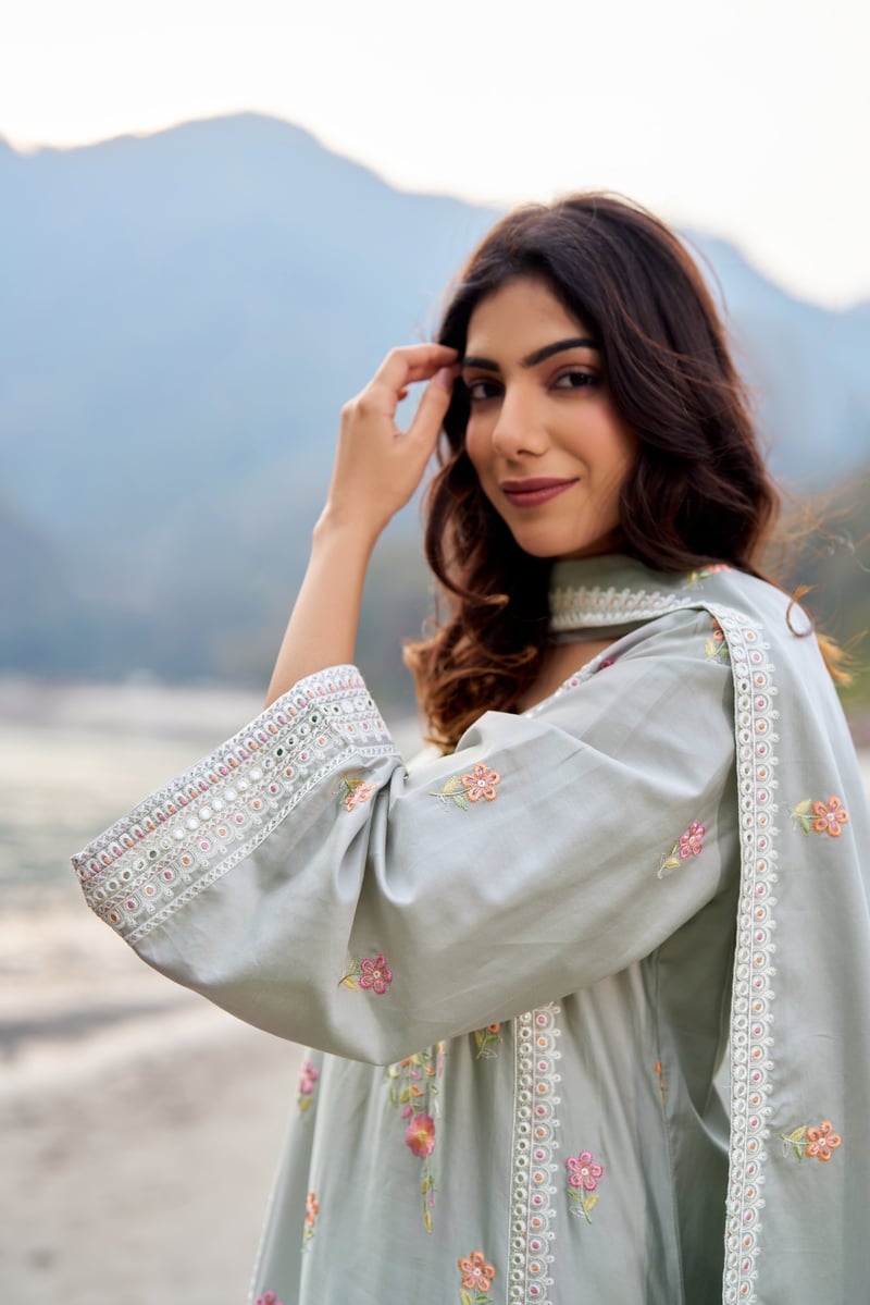 Grey Cotton Embroidered Straight Kurta Set with Dupatta