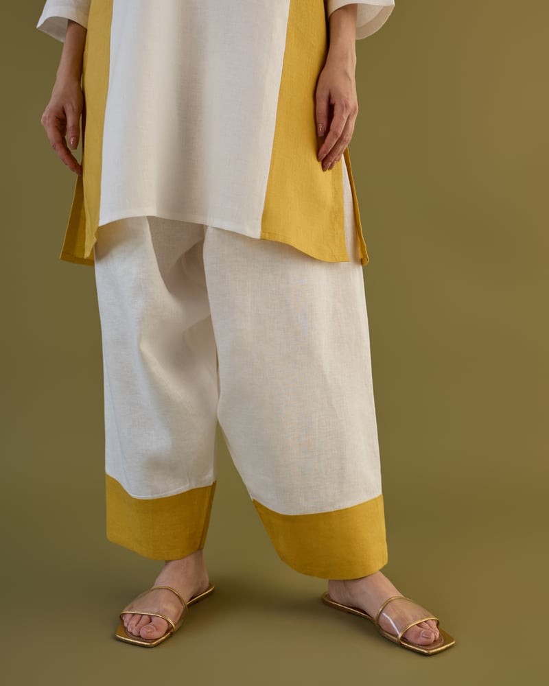 White and Ochre Linen Tunic and Farshi Pants Co-ord Set