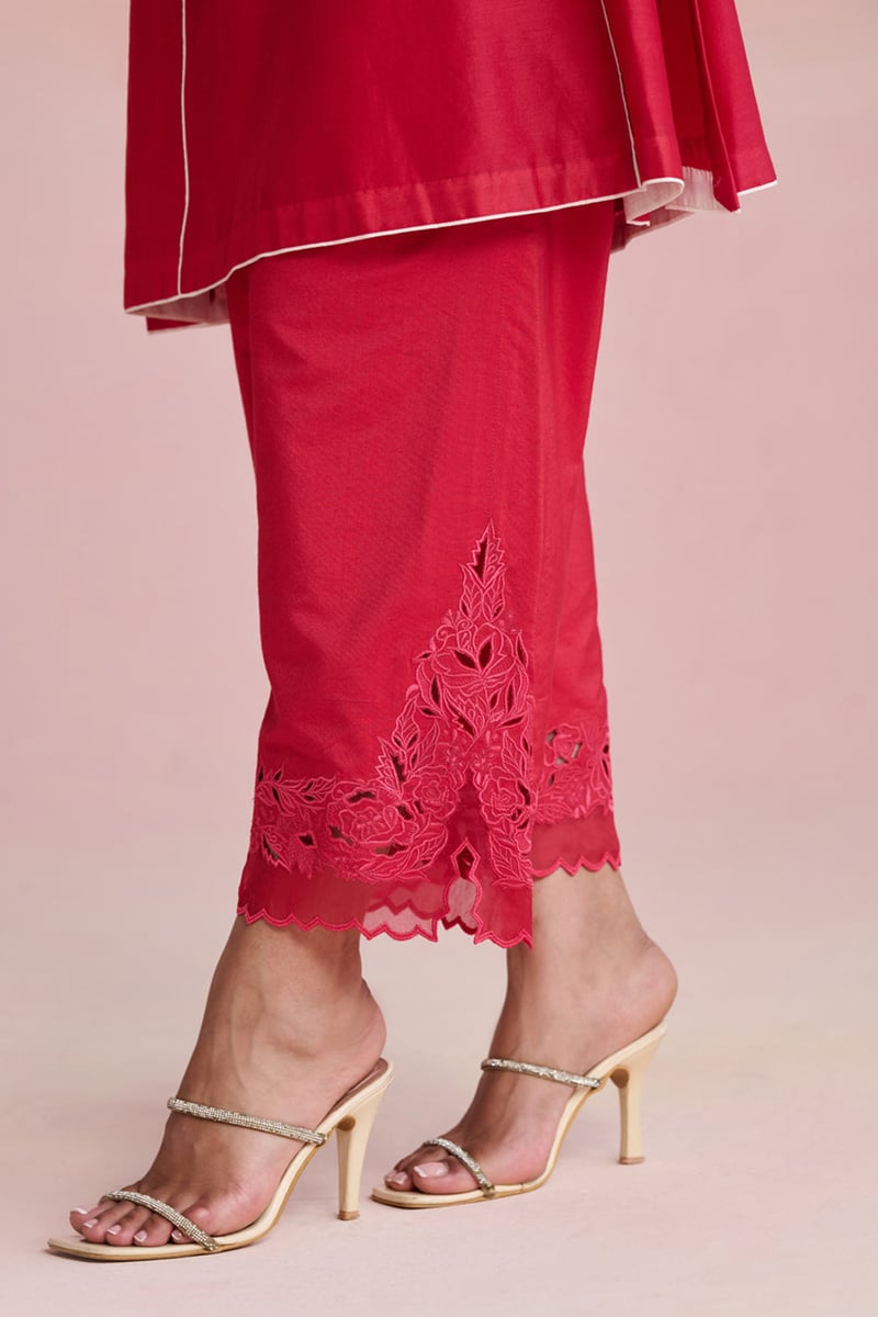 Red Chanderi Embroidered A-Line Kurta Set with Pants