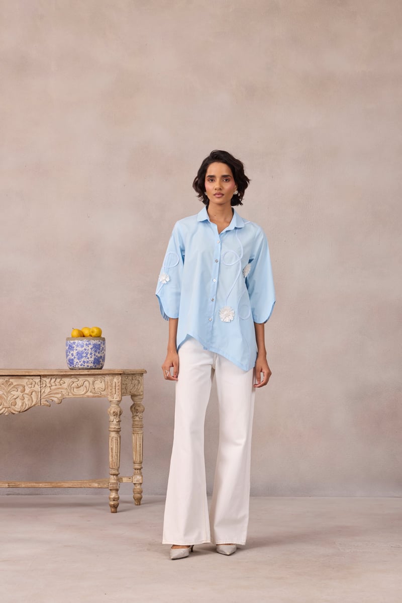 Frost Blue Applique Button-Down Shirt with Wave Hem