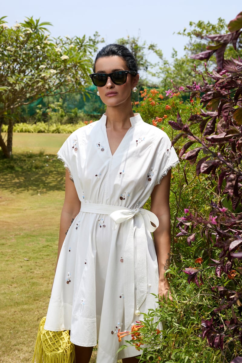 White Cotton Asymmetrical Belted Midi Dress