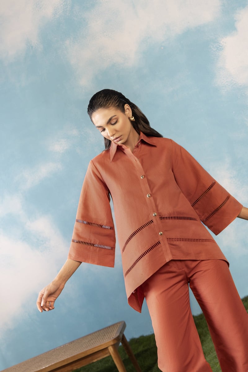Rust Linen-Blend Shirt and Wide-Leg Trouser Co-ord Set