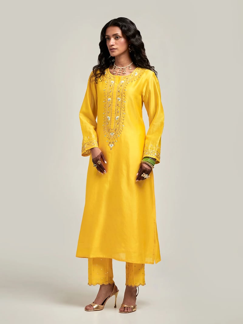 Yellow Silk Chanderi Embroidered Kurta Set with Pants
