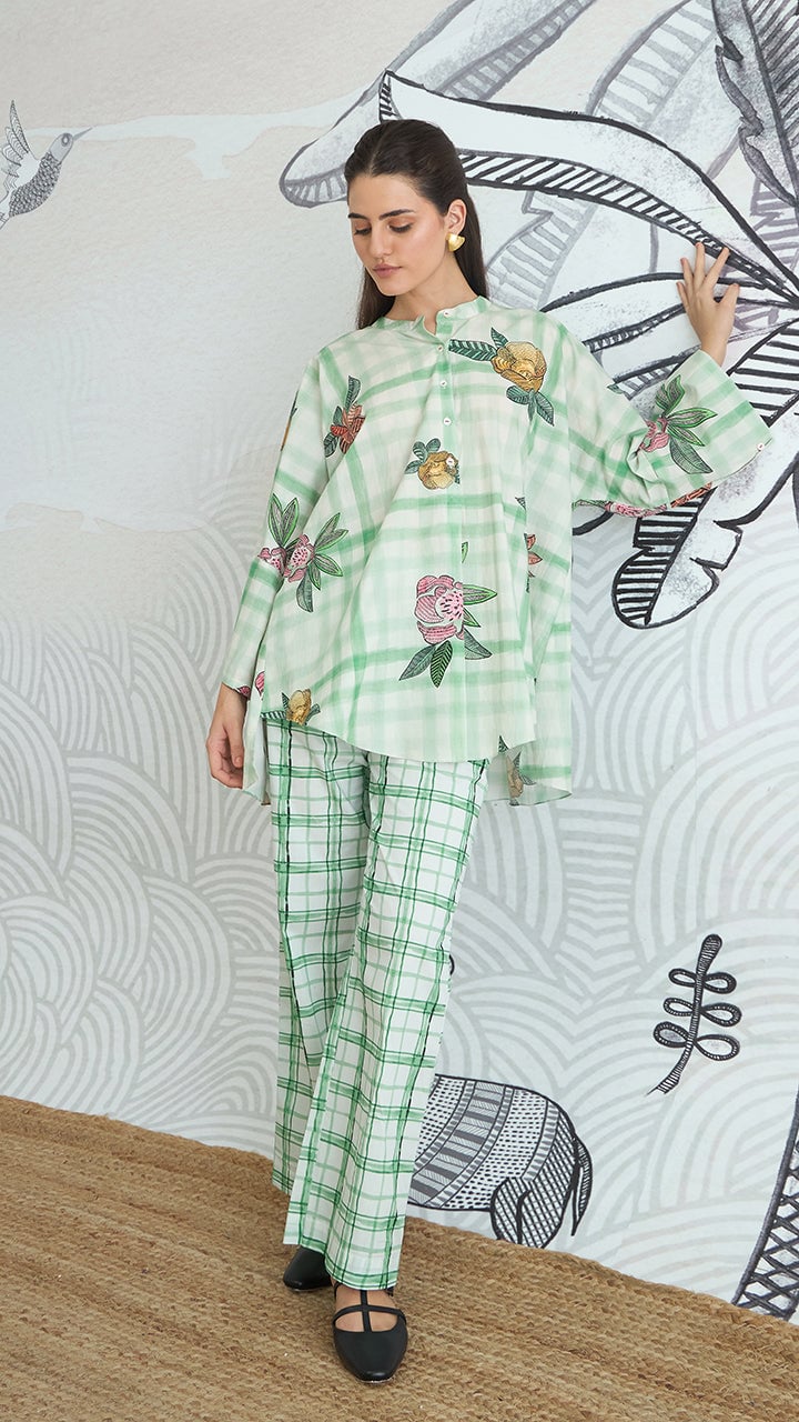 Green Checked Floral Kimono Tunic and Pants Co-ord Set