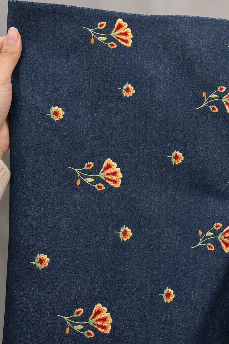 Blue Denim Embroidered Shift Mini Dress with Front Zip