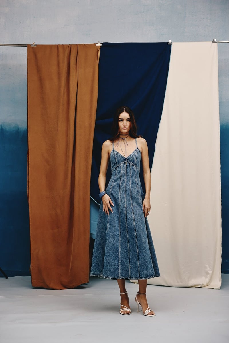 Acid-Washed Indigo Denim Fit and Flare Midi Dress