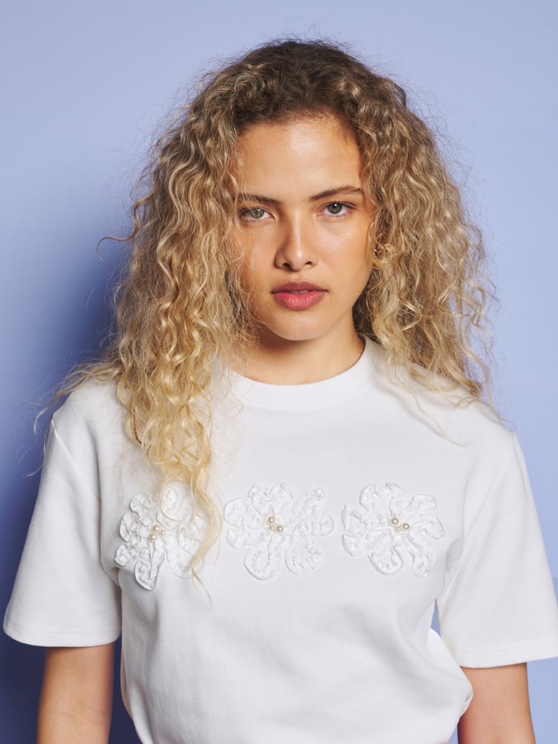 Pearl White Floral Applique Jersey T-Shirt