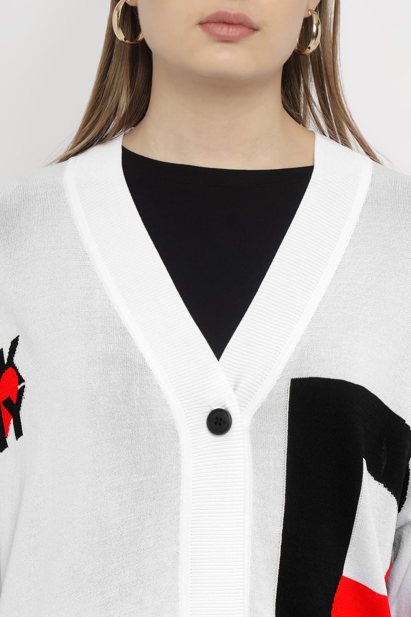 White Colorblock Graphic Button-Up Longline Cardigan