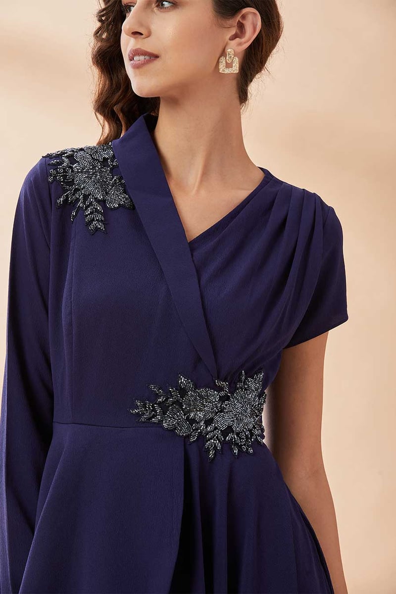 Navy Crystal-Embellished Blazer Gown Maxi Dress