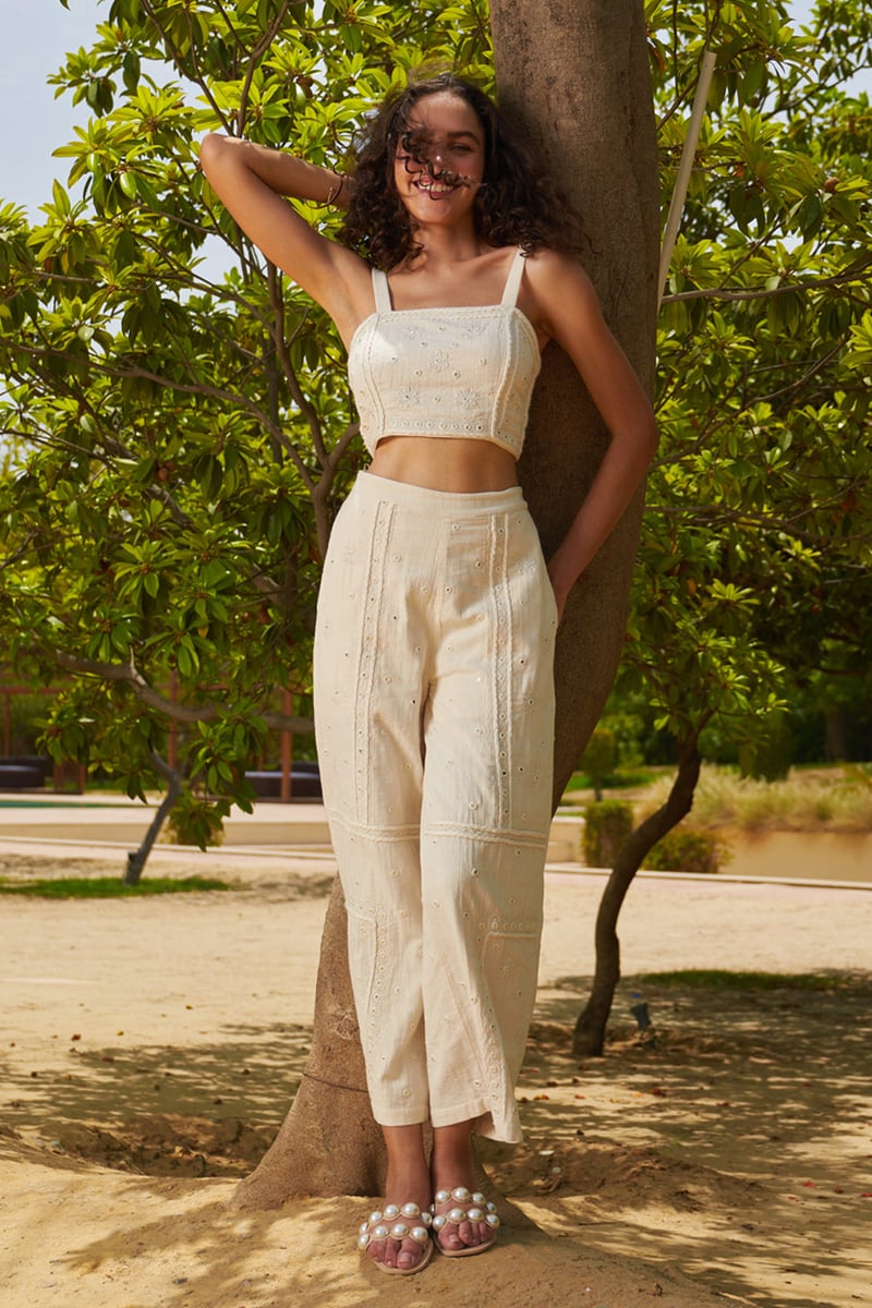 White Square Neck Mirror Embroidered Crop Top