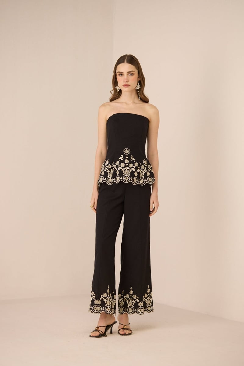 Black Wide-Leg Trousers with Embroidered Scallop Hem