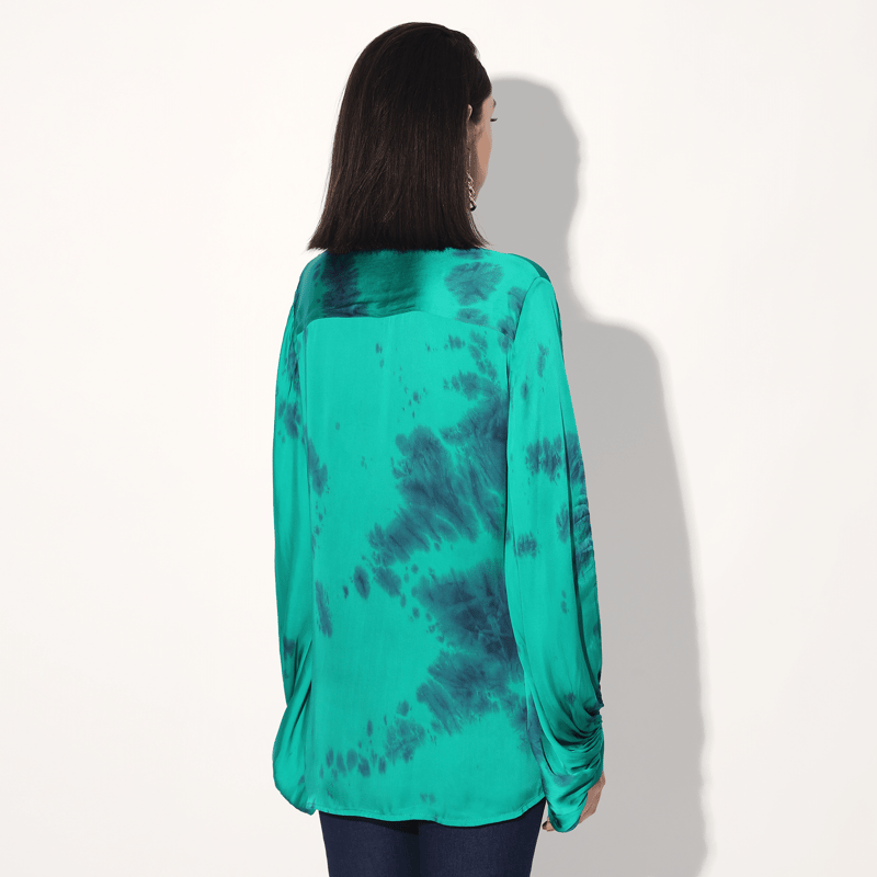 Green Tie-Dye Satin Balloon Sleeve Longline Shirt