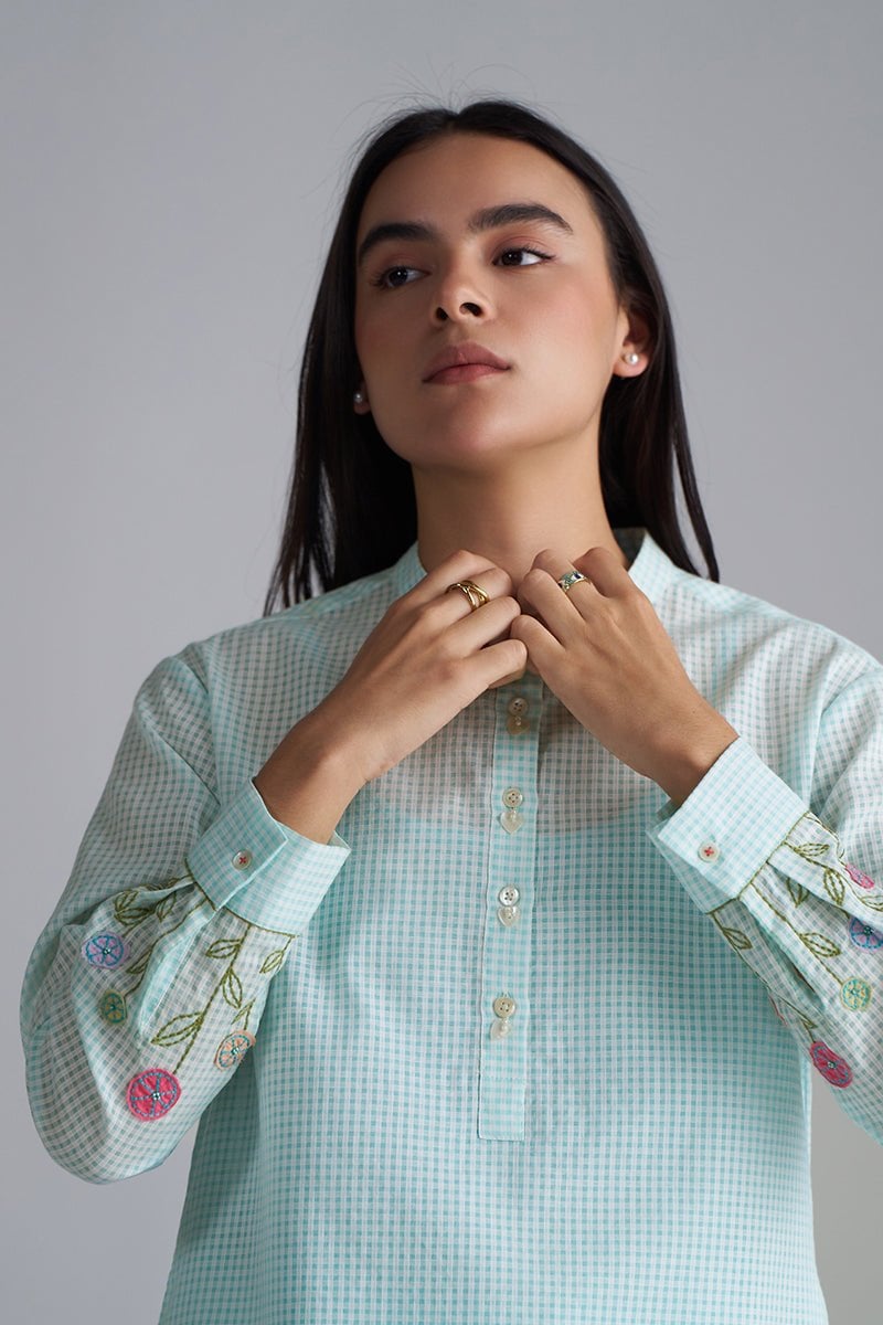 Eggshell Blue Mini-Check Cotton Co-ord Set with Slip