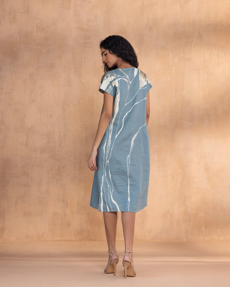 Charcoal Abstract Print Linen Midi Shift Dress