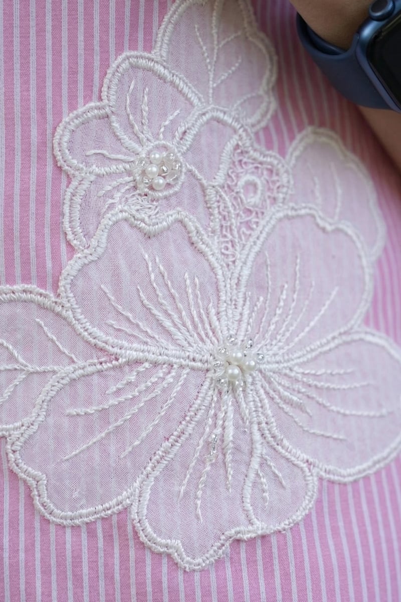 Pink and White Pinstripe Shirt with Floral Appliqué