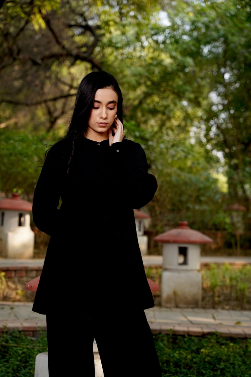Black Merino Wool Kurta and Trousers Co-ord Set