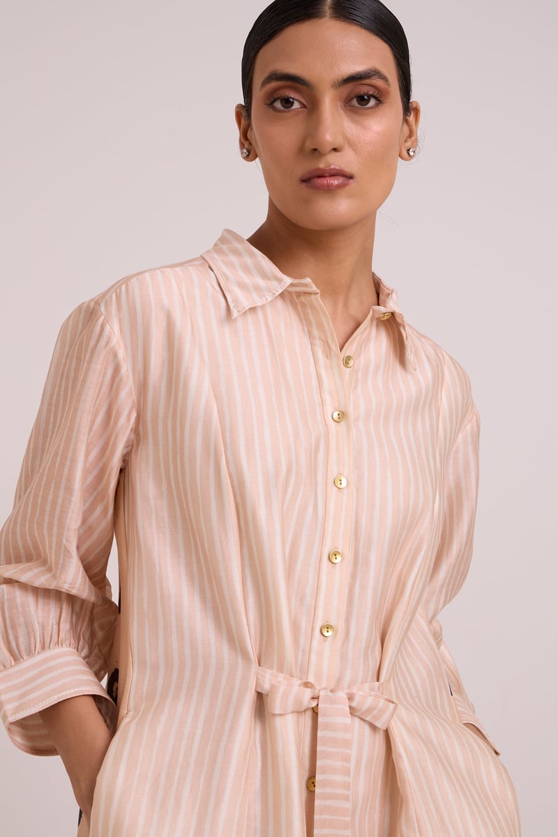 Almond Mixed-Print Midi Shirt Dress with Tie Belt