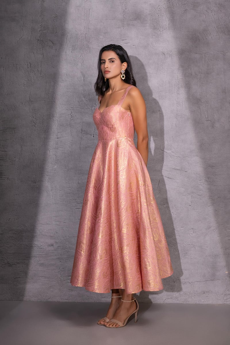 Pink Brocade Fit and Flare Midi Dress Set with Jacket